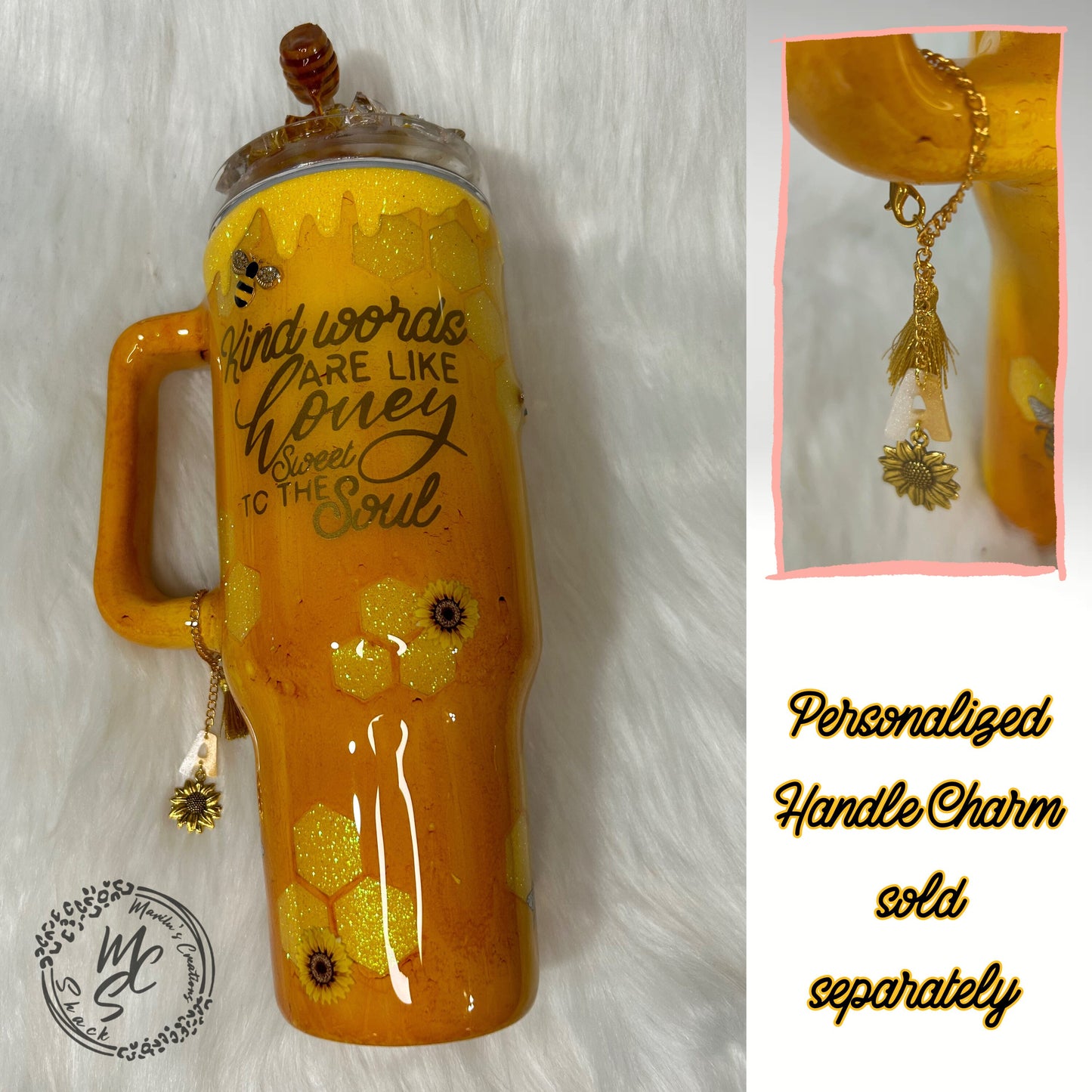 Bee Tumbler, honey bee and sunflowers 3D Tumbler with removable 3d Topper, 3d bees and honey dripping peekaboo yellow glitter tumbler.