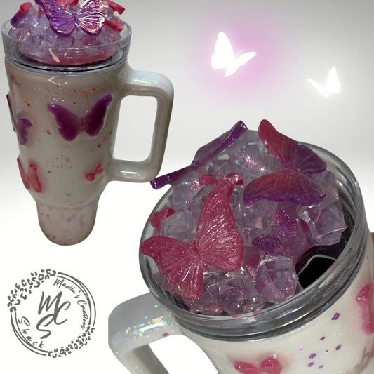 Butterflies Tumbler with 3D butterflies and 3D removable butterflies lid topper. Pink and Purple butterfly cup, personalized gift for her.