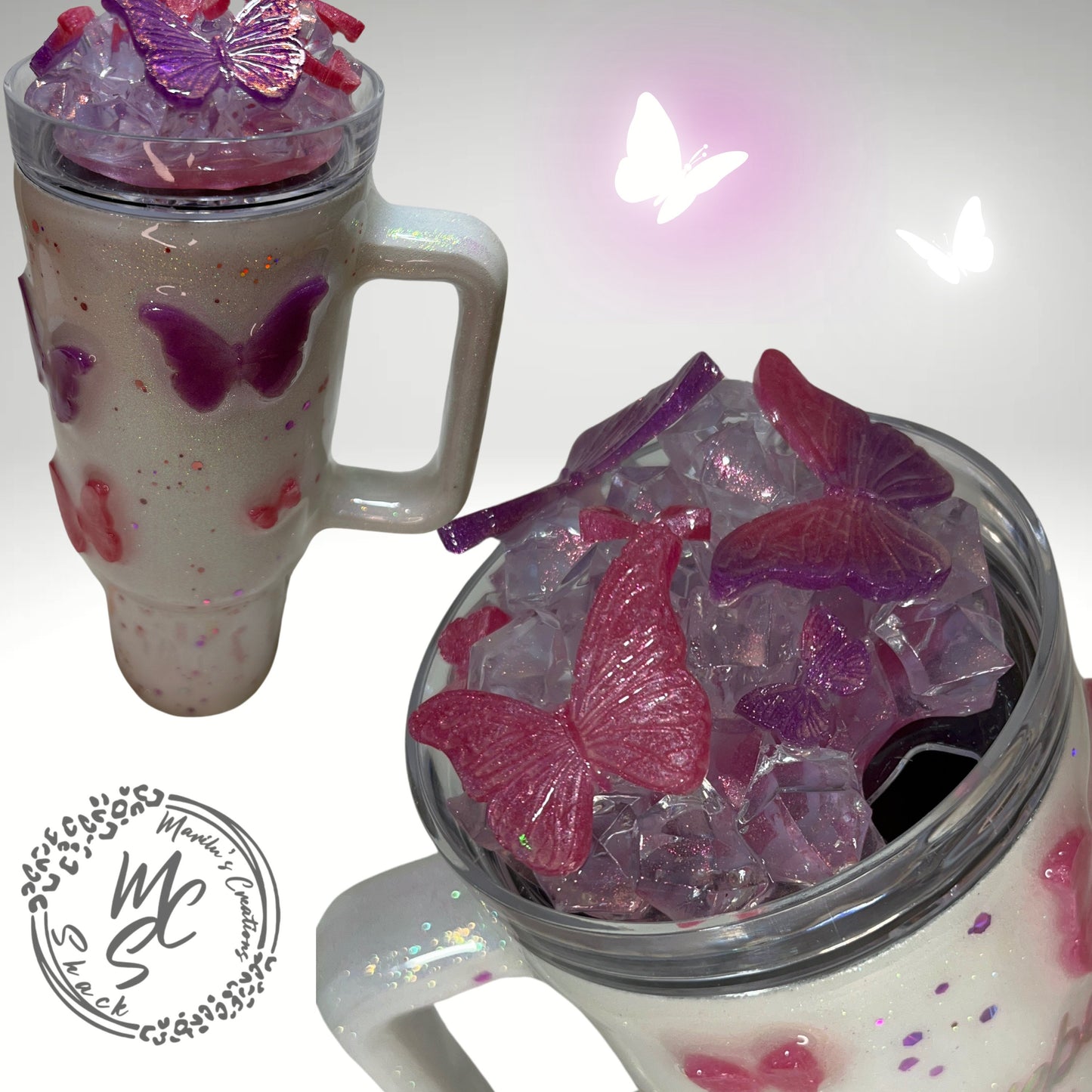Butterflies Tumbler with 3D butterflies and 3D removable butterflies lid topper. Pink and Purple butterfly cup, personalized gift for her.