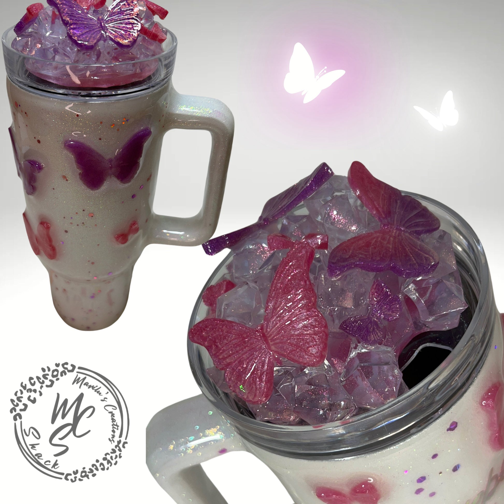 Butterflies Tumbler with 3D butterflies and 3D removable butterflies lid topper. Pink and Purple butterfly cup, personalized gift for her.