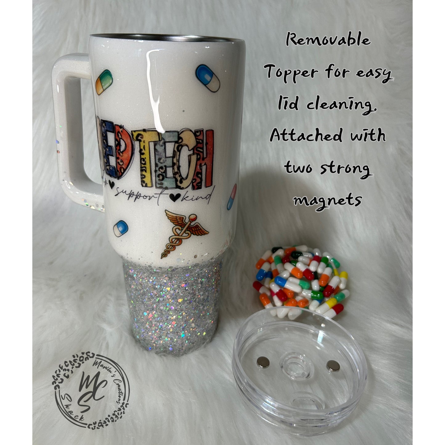 Med Tech tumbler with 3D fake pills removable topper, white and silver glitter. Bottom glitter color can be changed.