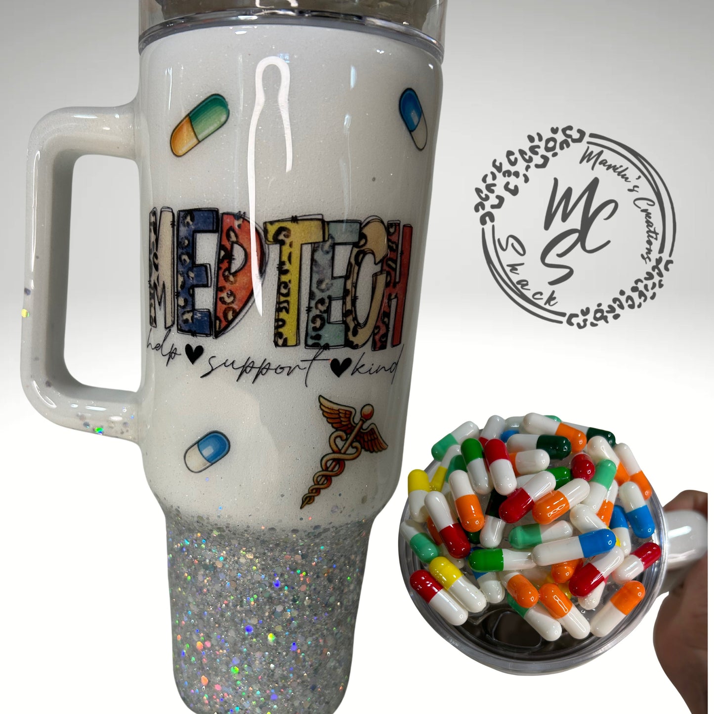 Med Tech tumbler with 3D fake pills removable topper, white and silver glitter. Bottom glitter color can be changed.