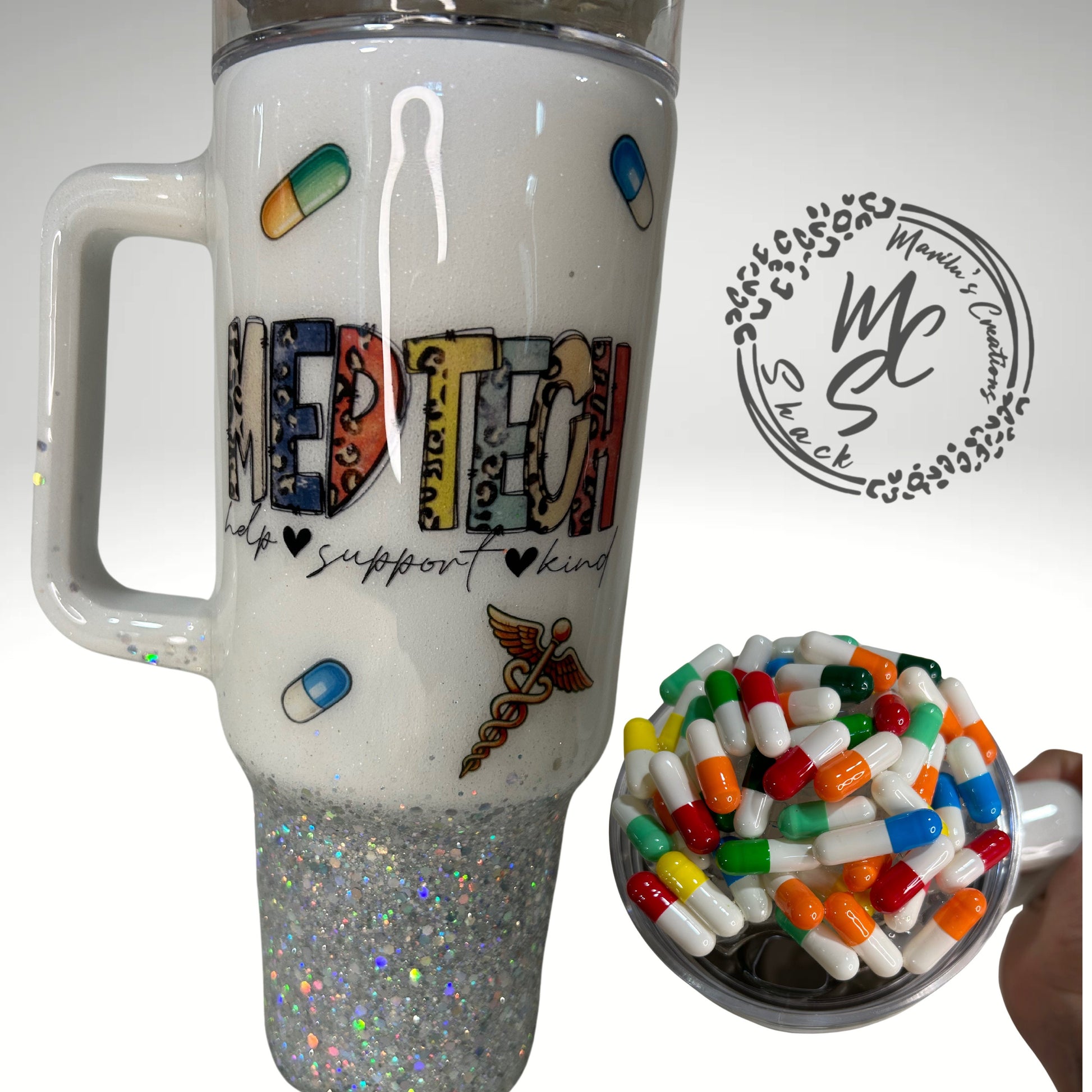 Med Tech tumbler with 3D fake pills removable topper, white and silver glitter. Bottom glitter color can be changed.