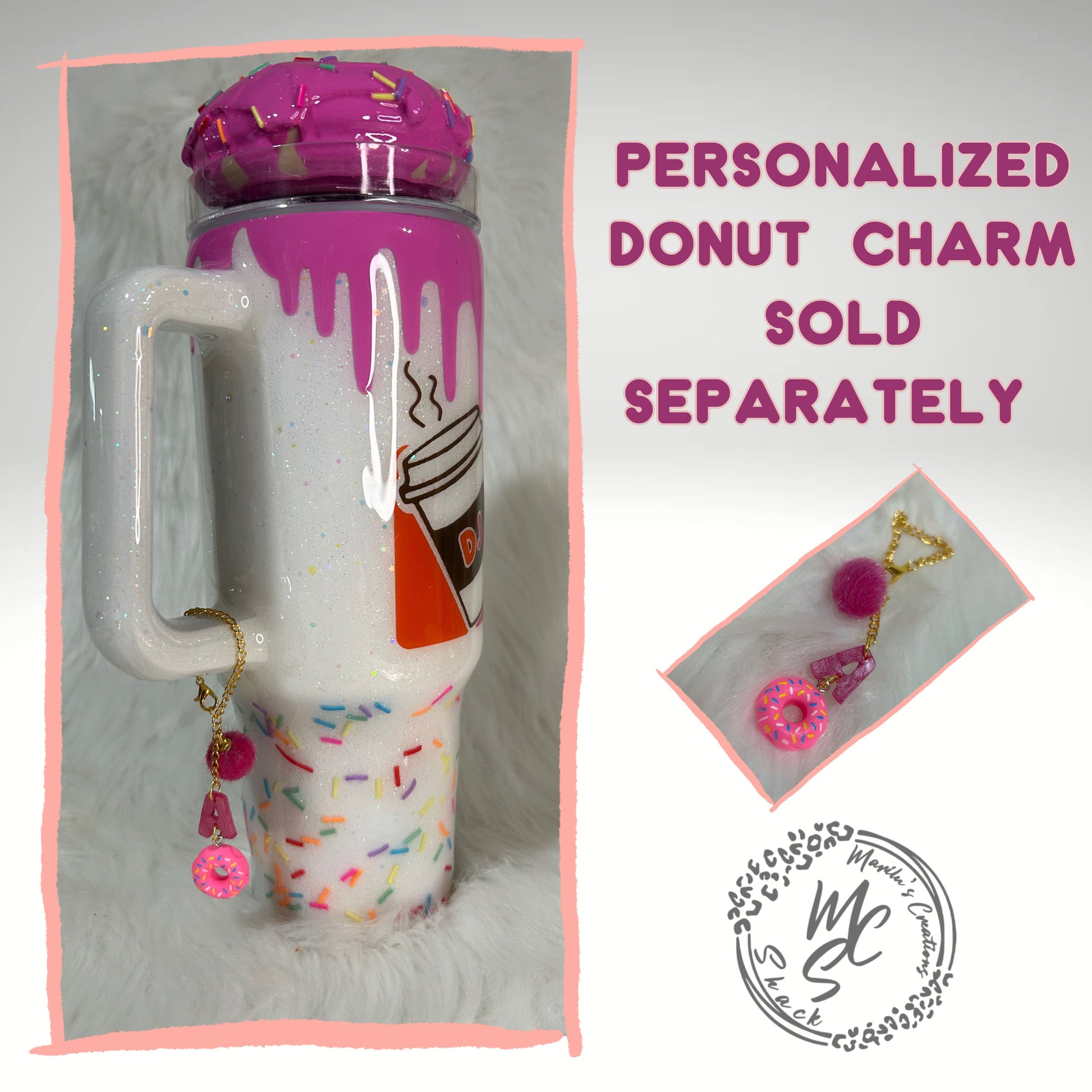 Dunkie Junkie Tumbler, 3d donut tumbler with pink dripping removable topper and sprinkles. 3d pink dripping glitter tumbler.