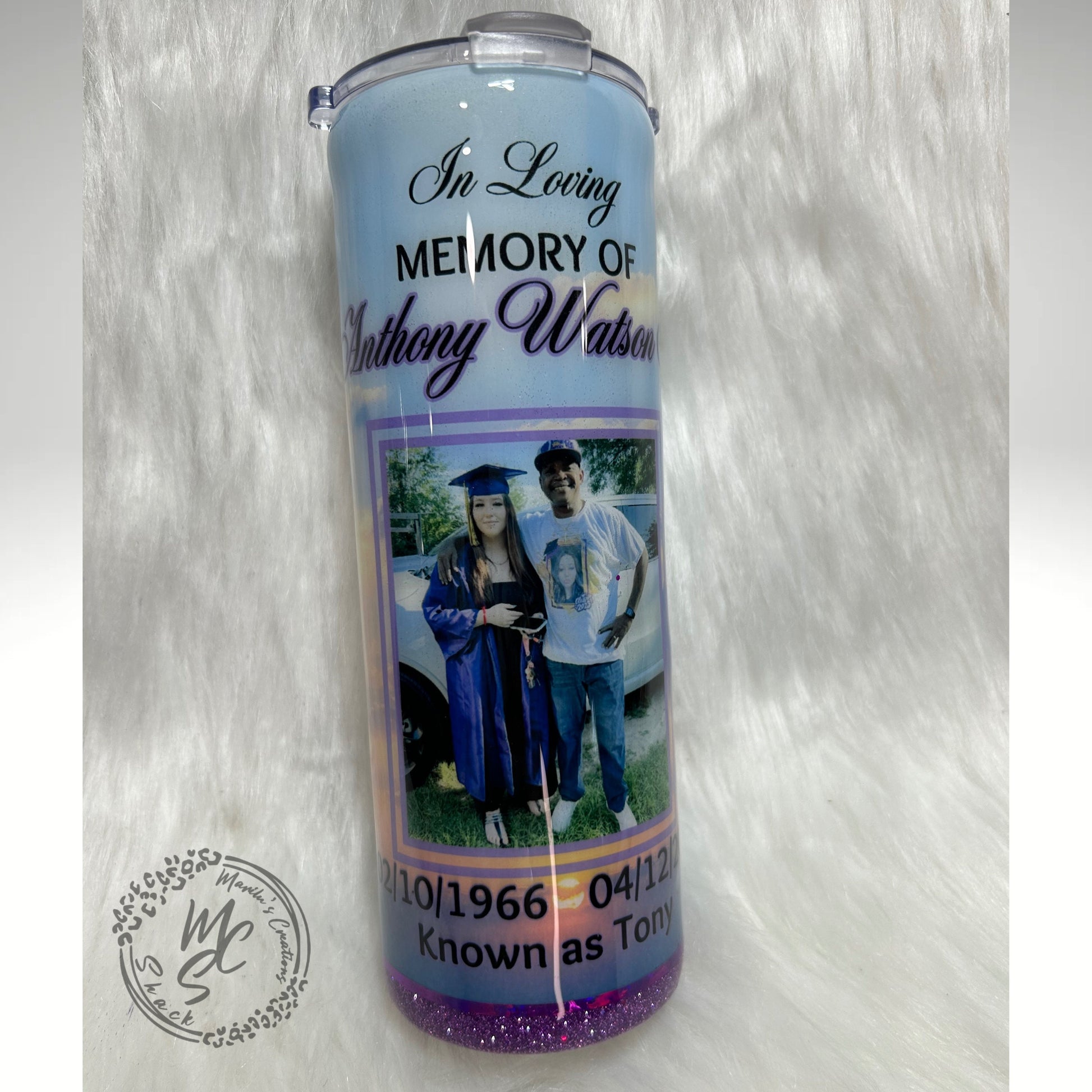 Memorial Tumbler Personalized, 20oz Straight Skinny tumbler with picture, Remembrance Tumbler cup with glitter or no glitter choose color.