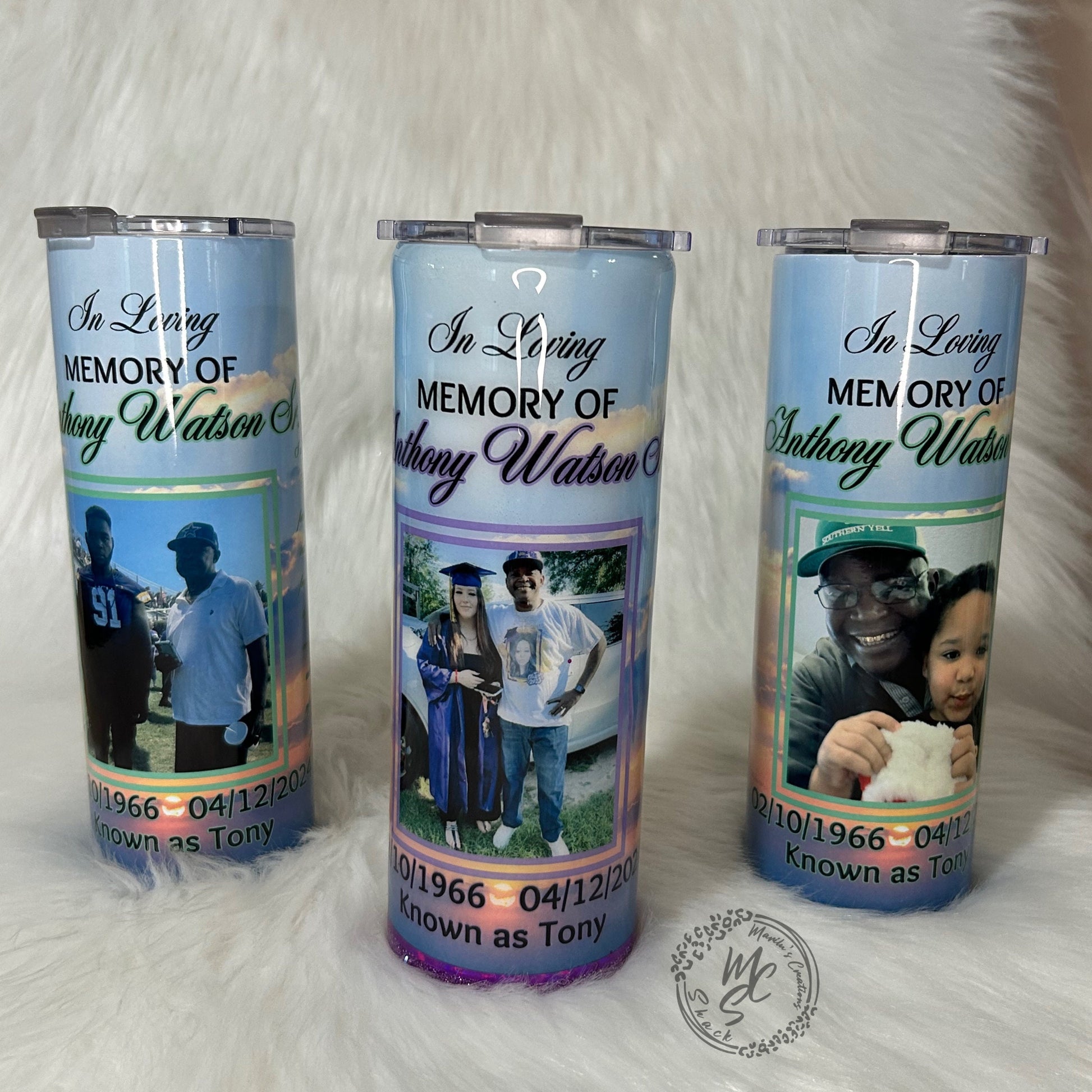 Memorial Tumbler Personalized, 20oz Straight Skinny tumbler with picture, Remembrance Tumbler cup with glitter or no glitter choose color.