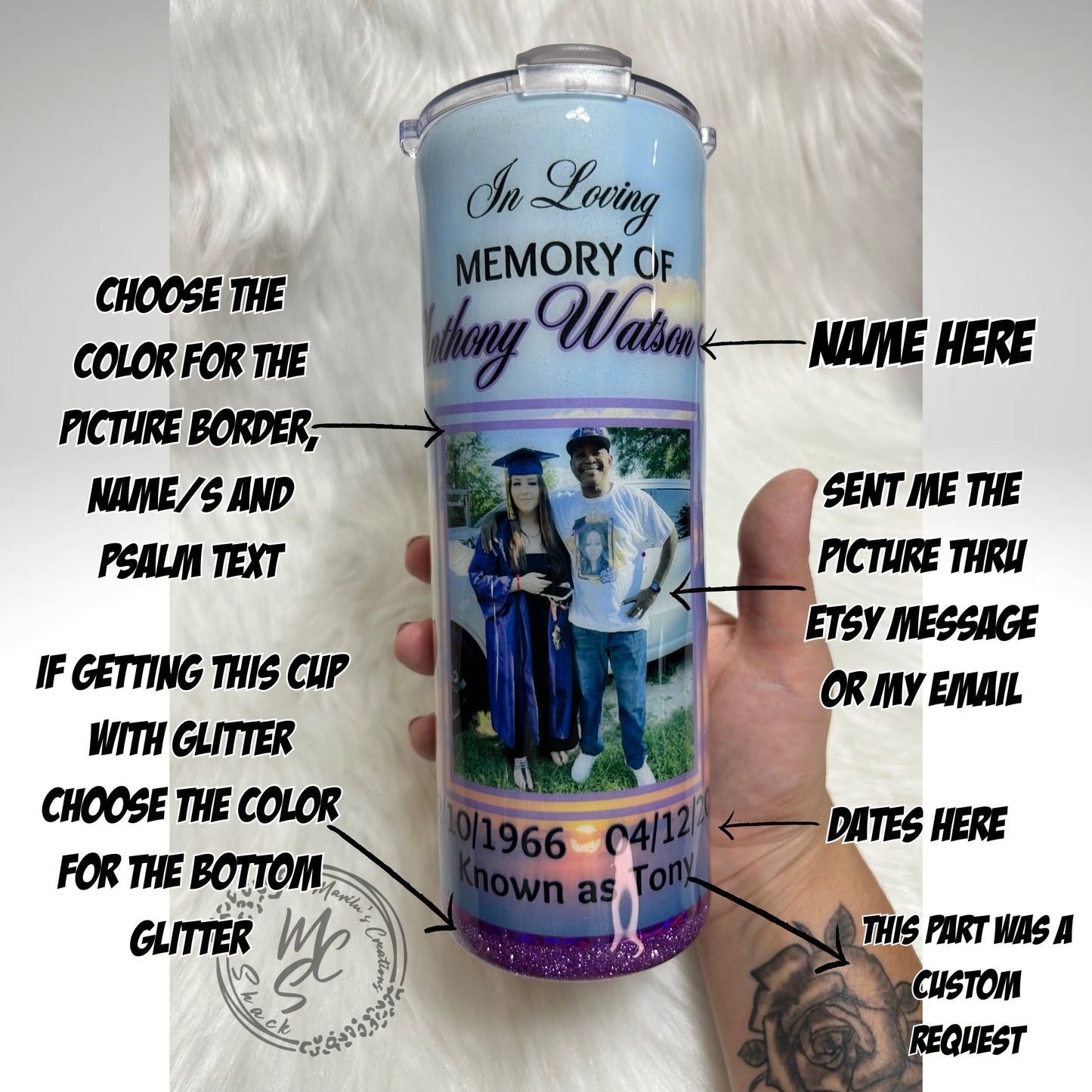 Memorial Tumbler Personalized, 20oz Straight Skinny tumbler with picture, Remembrance Tumbler cup with glitter or no glitter choose color.