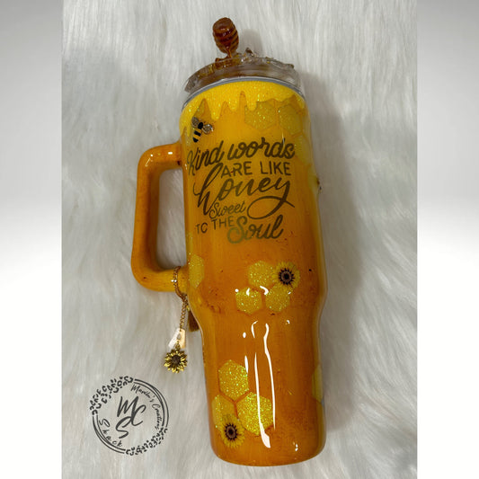 Bee Tumbler, honey bee and sunflowers 3D Tumbler with removable 3d Topper, 3d bees and honey dripping peekaboo yellow glitter tumbler.