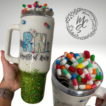 Registered Nurse tumbler with 3D fake pills removable topper, white and green glitter. Bottom glitter color can be changed.