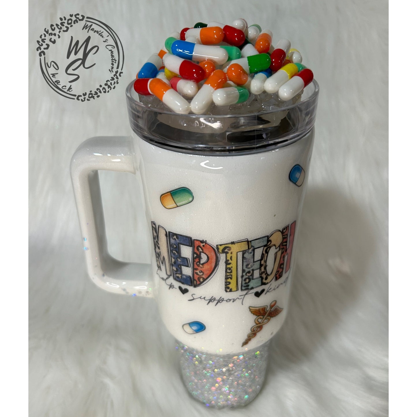 Med Tech tumbler with 3D fake pills removable topper, white and silver glitter. Bottom glitter color can be changed.