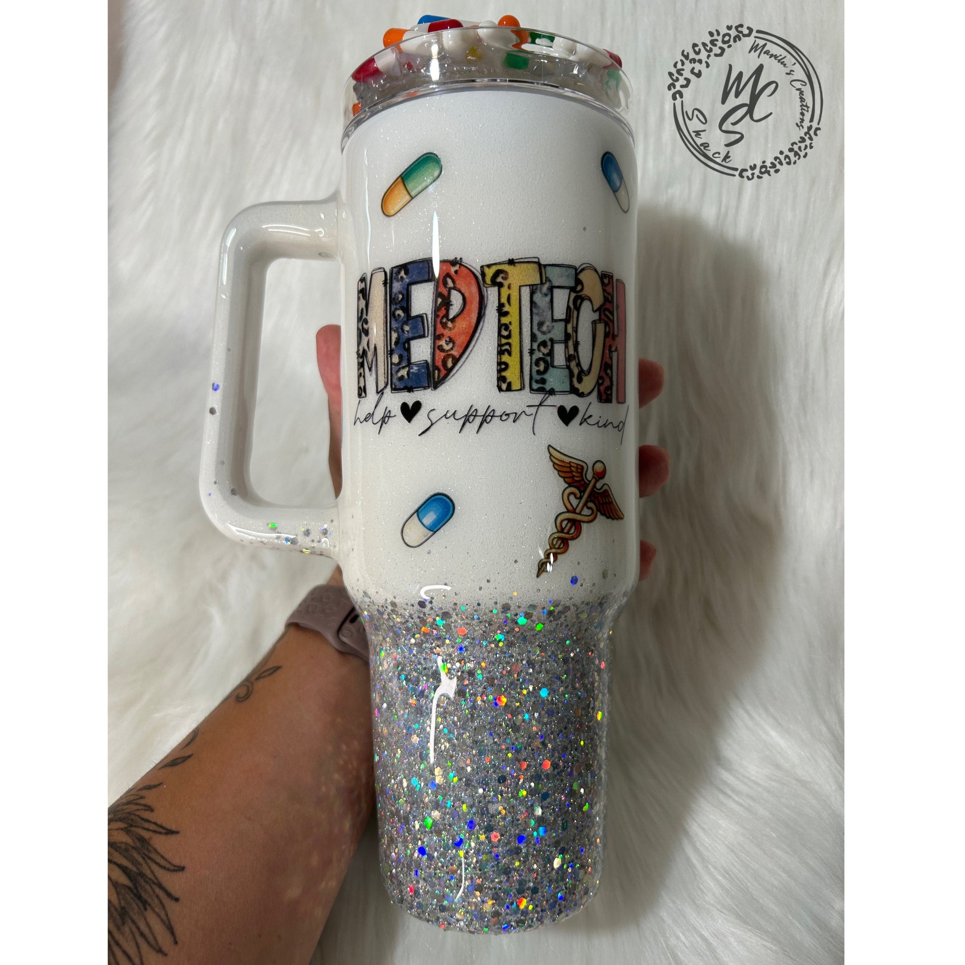 Med Tech tumbler with 3D fake pills removable topper, white and silver glitter. Bottom glitter color can be changed.