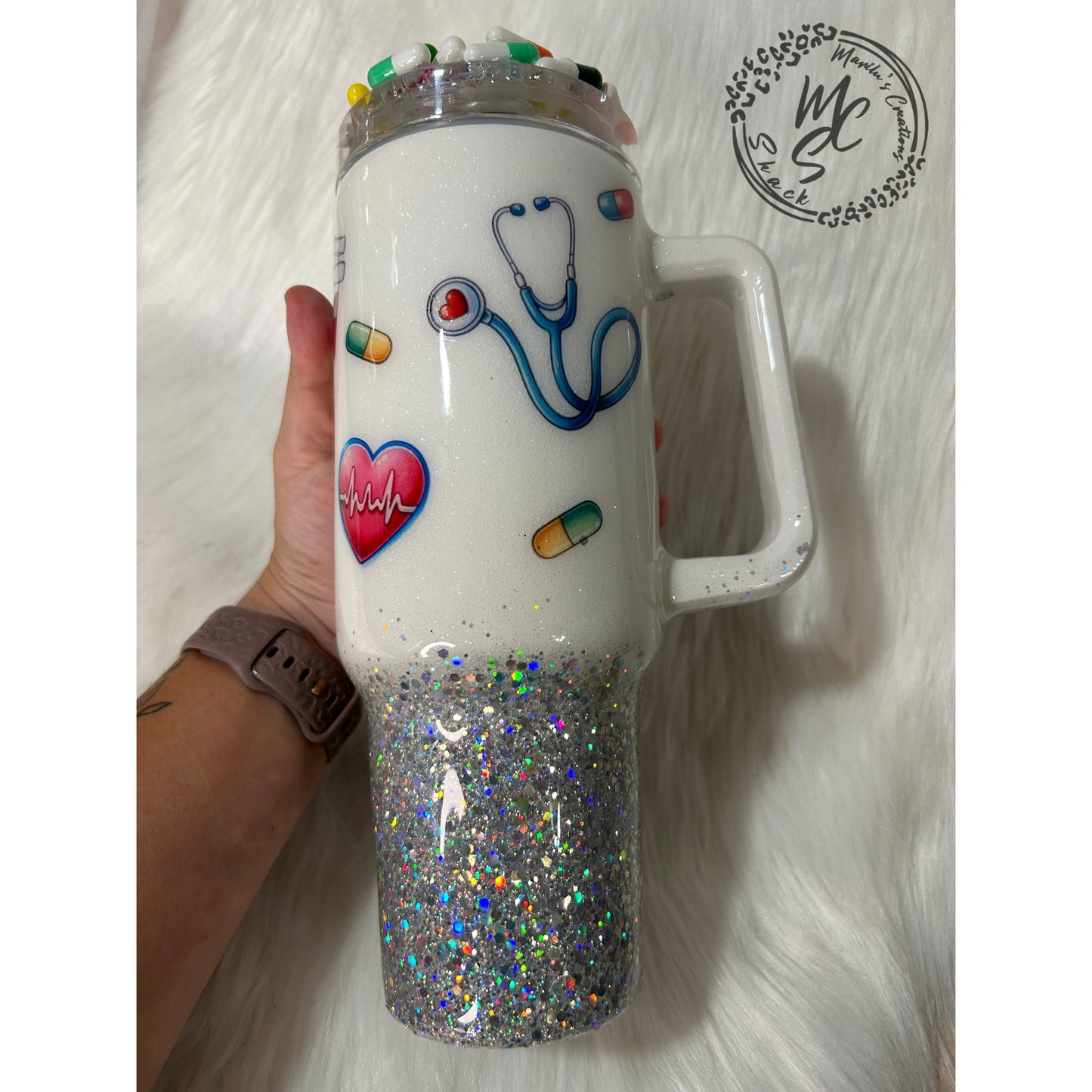 Med Tech tumbler with 3D fake pills removable topper, white and silver glitter. Bottom glitter color can be changed.