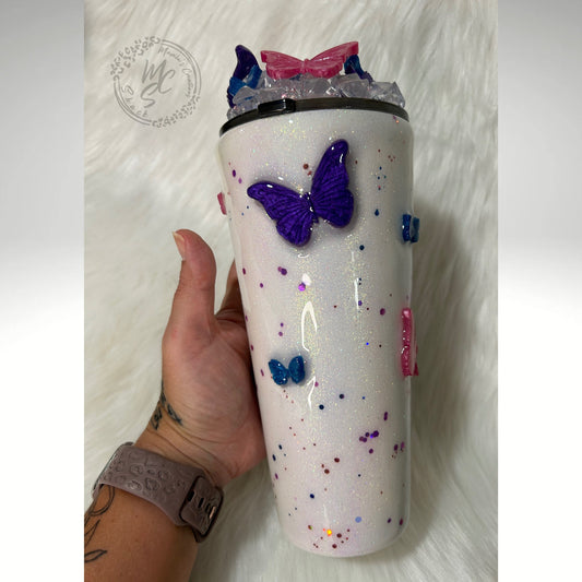 Butterflies Tumbler with 3D butterflies and 3D removable butterflies lid topper. Pink, Purple and Blue, personalized gift for her.