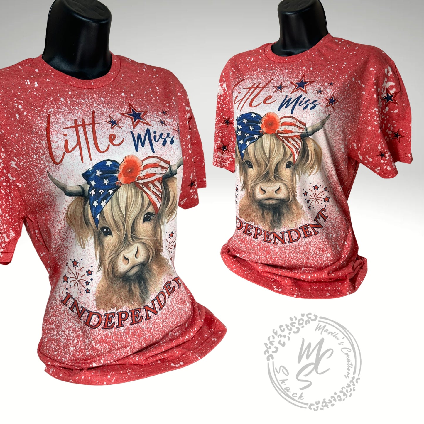 Little Miss Independent t-shirt, retro distressed Highland Cow patriotic design shirt, bleached red super soft tee, gift for her or him.