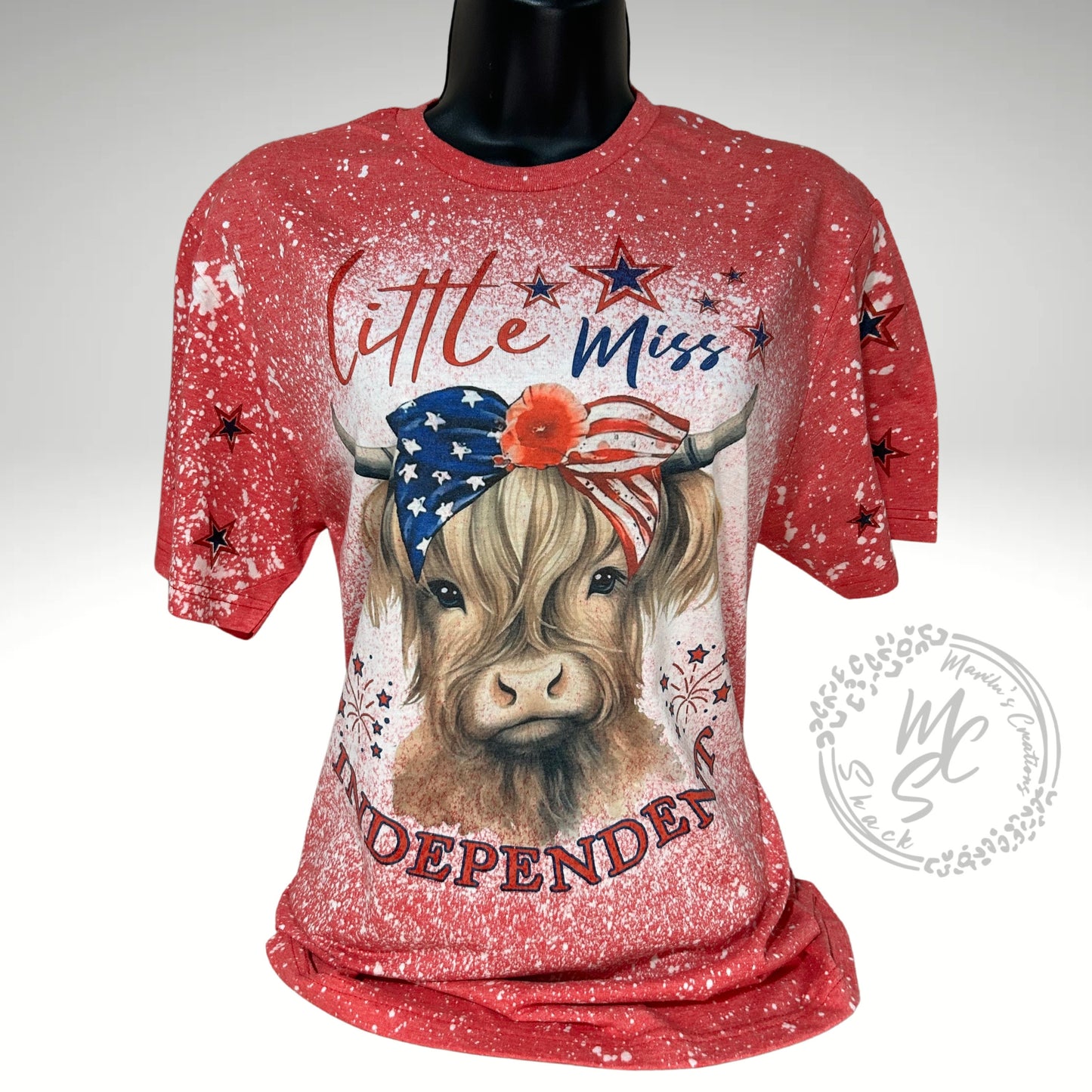 Little Miss Independent t-shirt, retro distressed Highland Cow patriotic design shirt, bleached red super soft tee, gift for her or him.