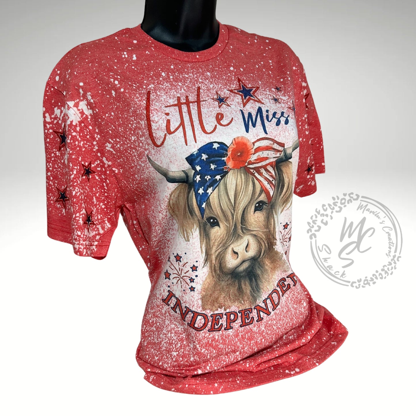 Little Miss Independent t-shirt, retro distressed Highland Cow patriotic design shirt, bleached red super soft tee, gift for her or him.