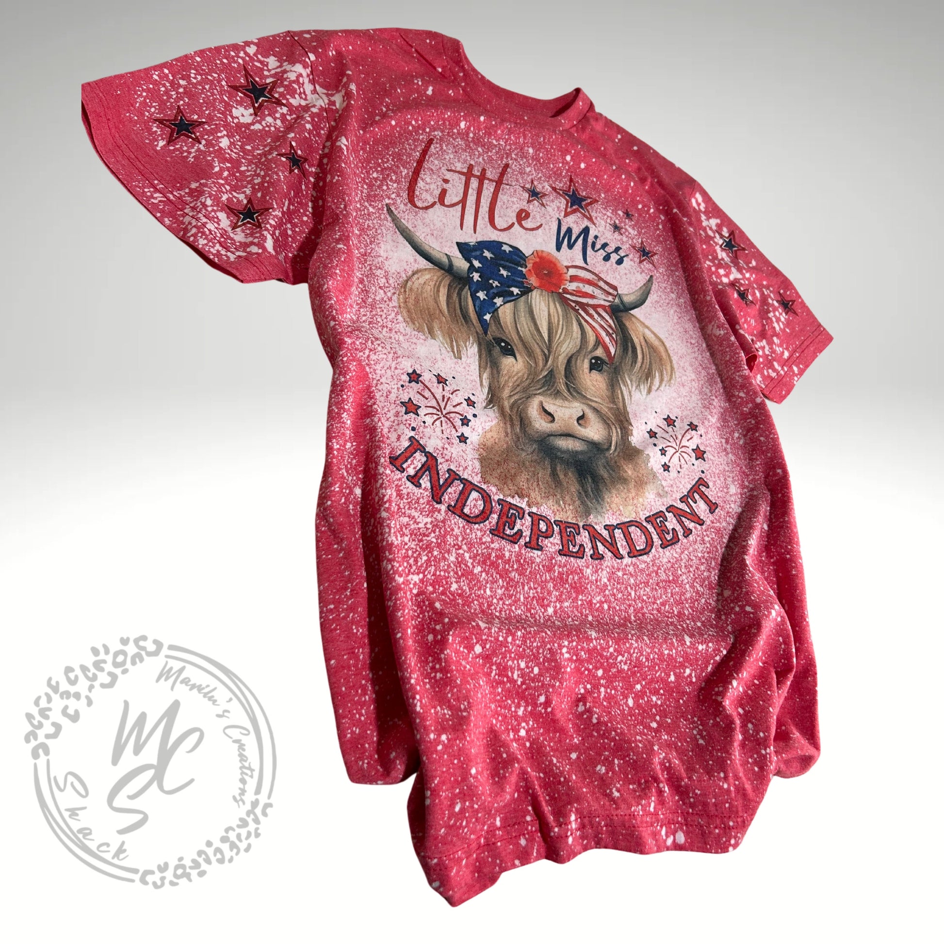 Little Miss Independent t-shirt, retro distressed Highland Cow patriotic design shirt, bleached red super soft tee, gift for her or him.