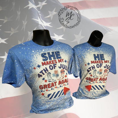4th of July couples matching shirts, retro distressed patriotic design shirt, bleached blue super soft tee, gift for her or him.