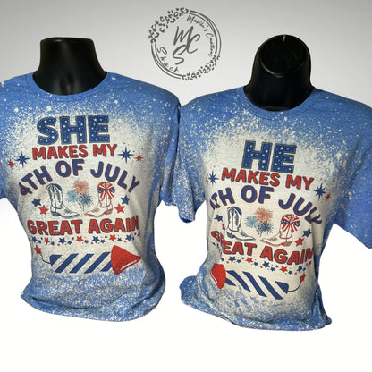 4th of July couples matching shirts, retro distressed patriotic design shirt, bleached blue super soft tee, gift for her or him.