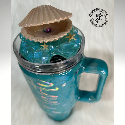 3D Mermaid Scale Tumbler: Faux Pearl Seashell Lid, Insulated Cup