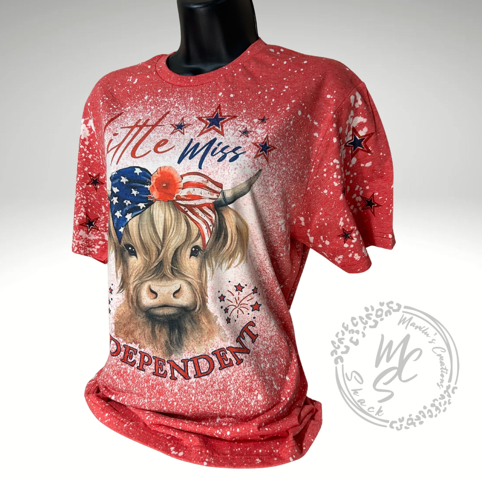 Little Miss Independent t-shirt, retro distressed Highland Cow patriotic design shirt, bleached red super soft tee, gift for her or him.