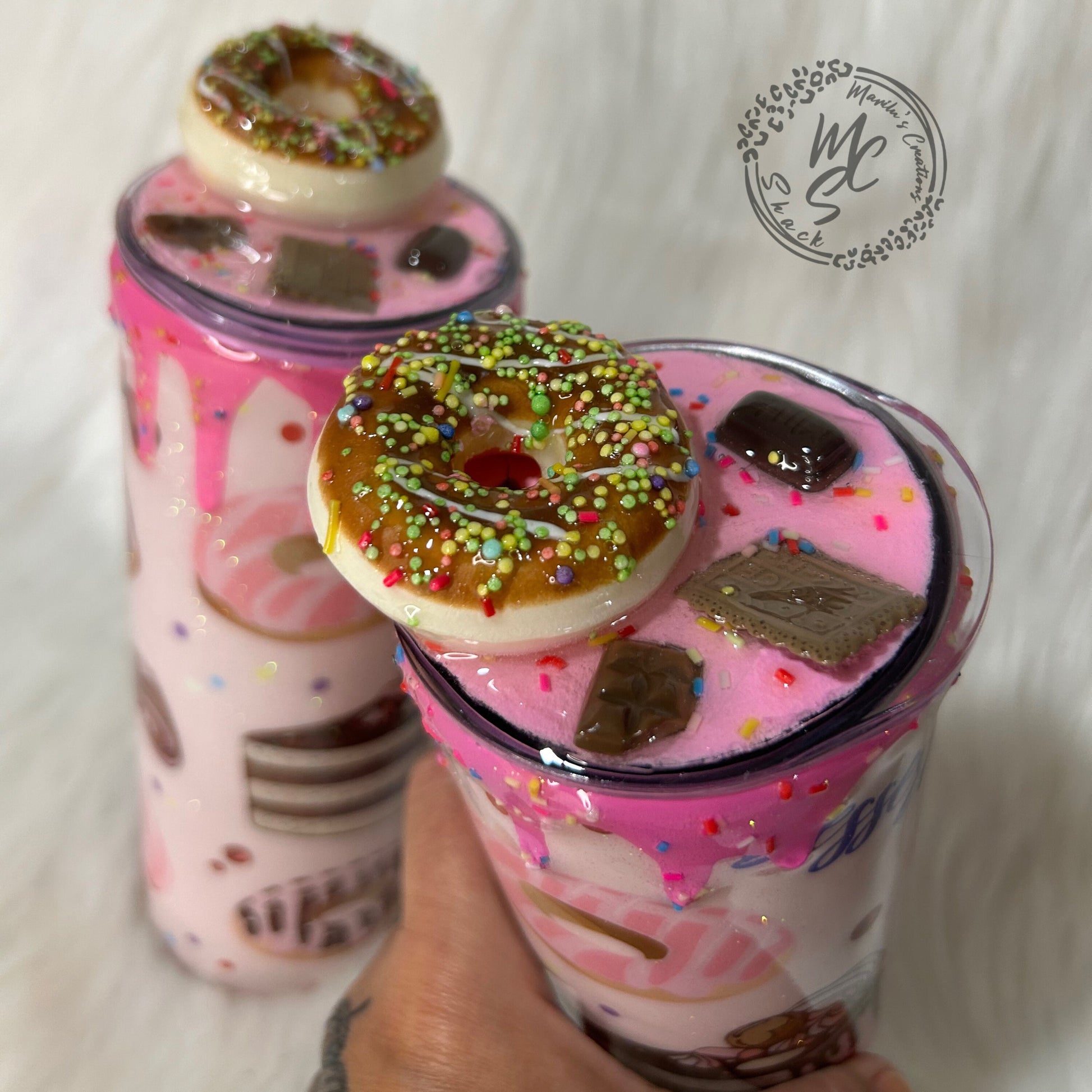 Doughnut Tumbler (20oz with straw) pink donut and pastries design with 3d donut topper not removable topper. Glitter cup