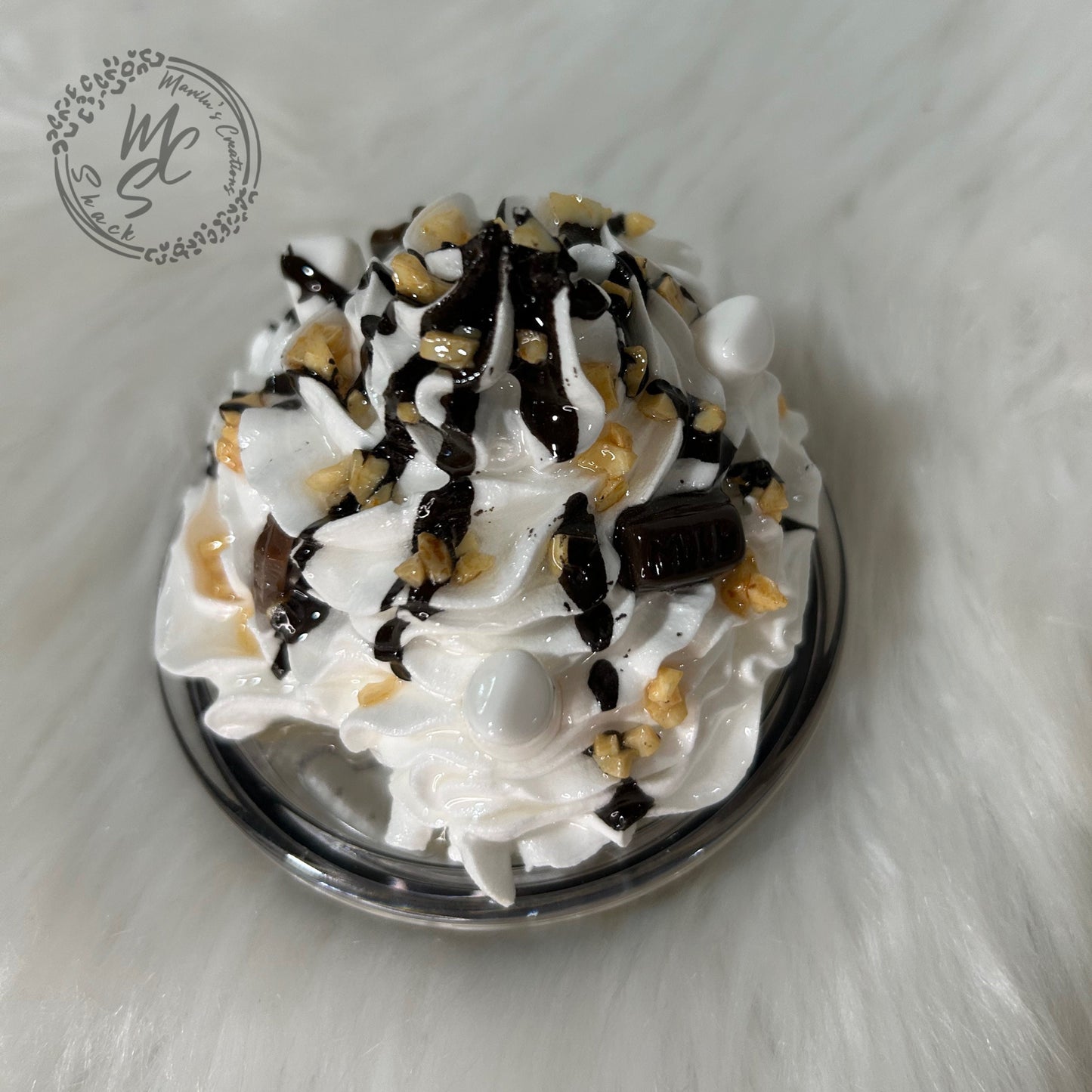 Whipped cream, chocolate, chopped faux peanuts and mini marshmallows removable toppers and lid for tumblers. Topper replacement lid.