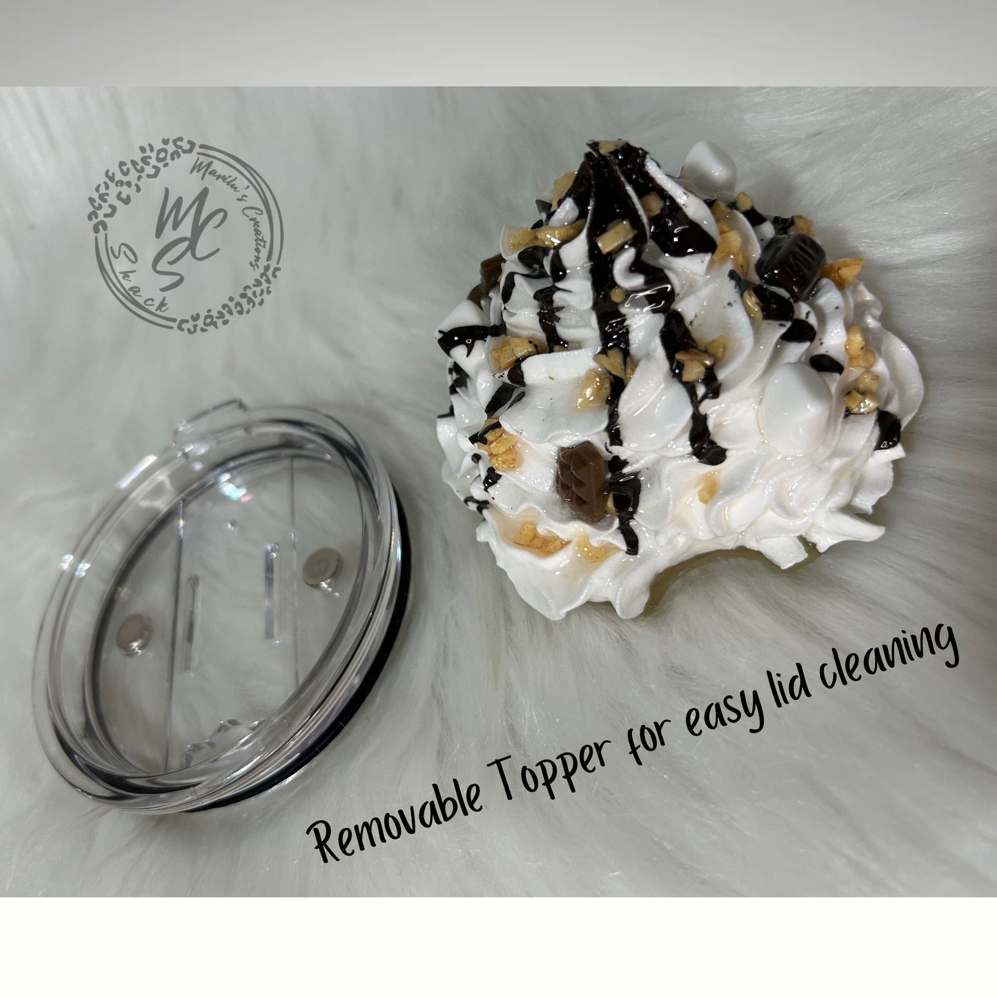 Whipped cream, chocolate, chopped faux peanuts and mini marshmallows removable toppers and lid for tumblers. Topper replacement lid.