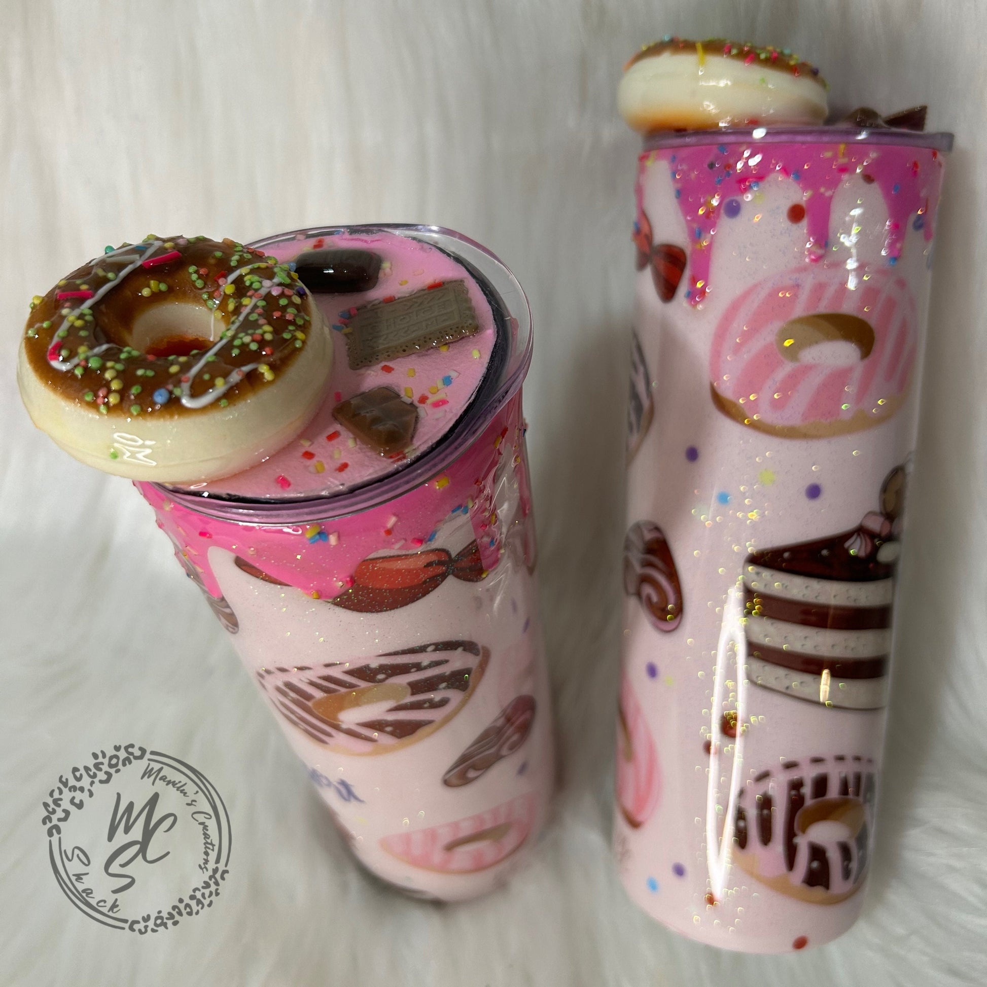 Doughnut Tumbler (20oz with straw) pink donut and pastries design with 3d donut topper not removable topper. Glitter cup
