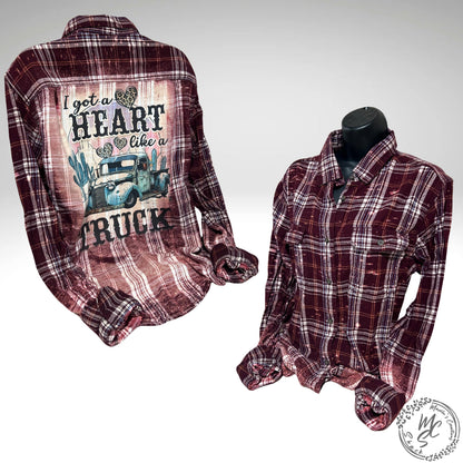 Flannel Heart like a truck bleached distressed, super soft real flannel, blue cove or brown plaid colors, concert or everyday wear flannel.