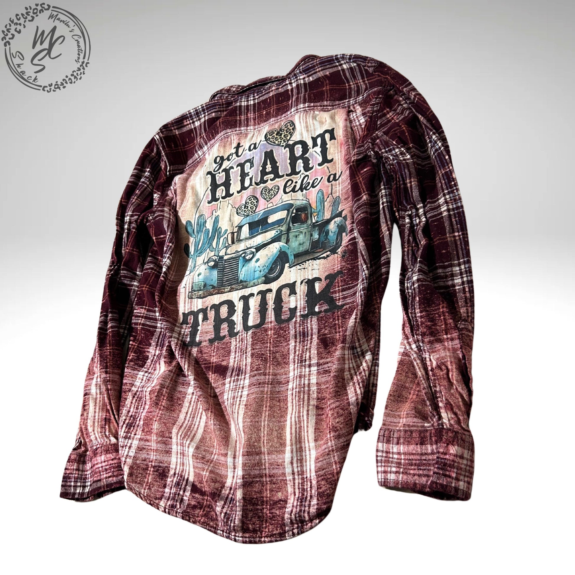 Flannel Heart like a truck bleached distressed, super soft real flannel, blue cove or brown plaid colors, concert or everyday wear flannel.