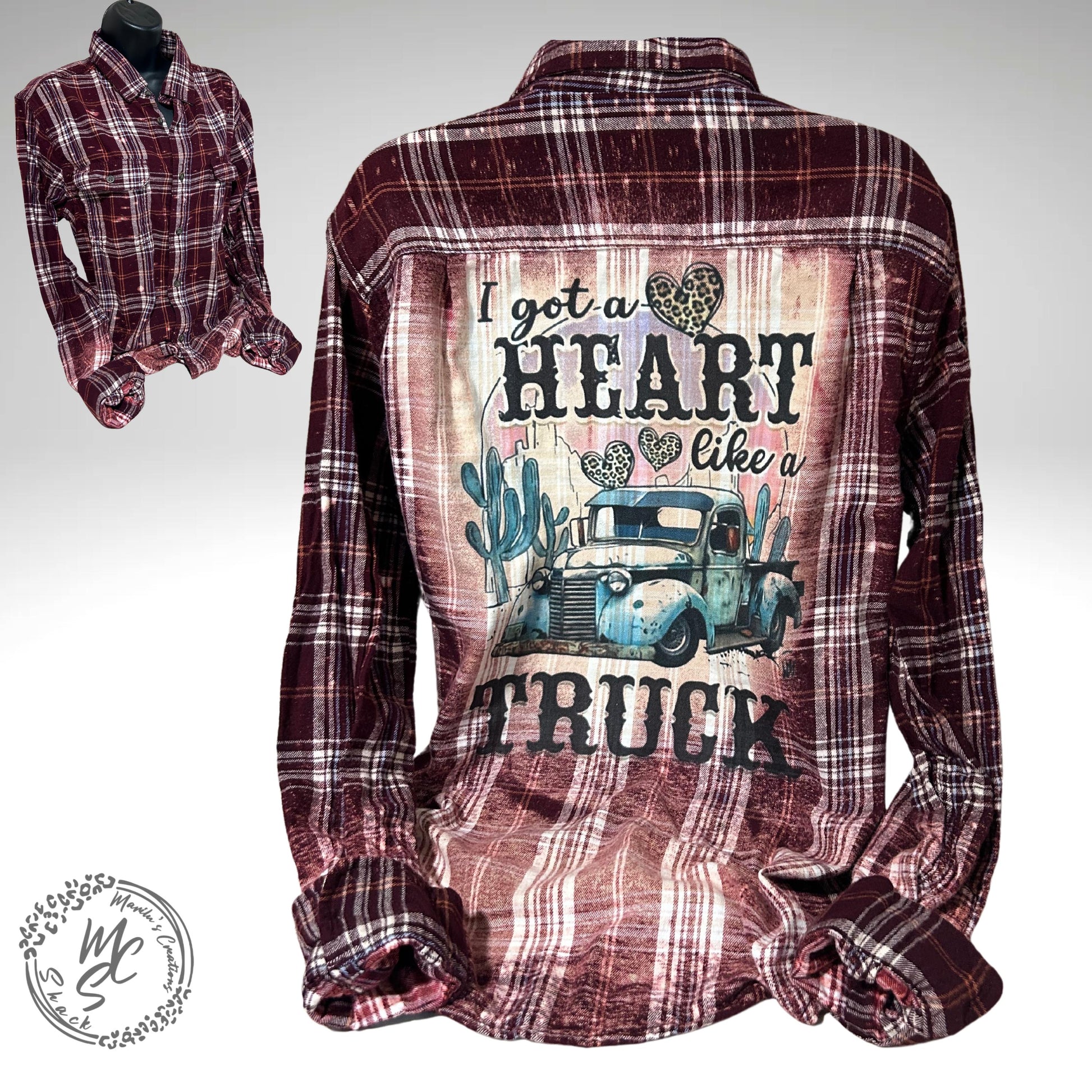 Flannel Heart like a truck bleached distressed, super soft real flannel, blue cove or brown plaid colors, concert or everyday wear flannel.