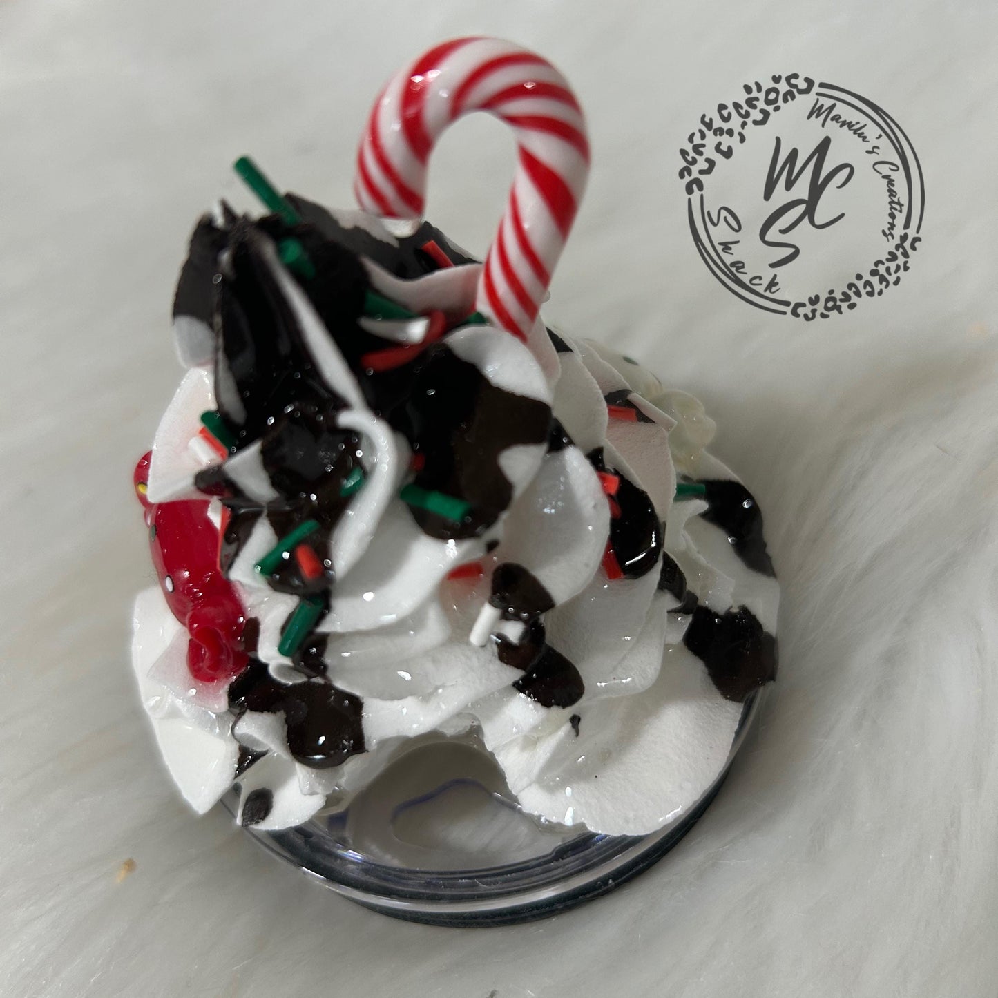 Whipped cream Christmas topper with candy cane and chocolate dripping removable topper and lid for different size tumblers. Faux topper.