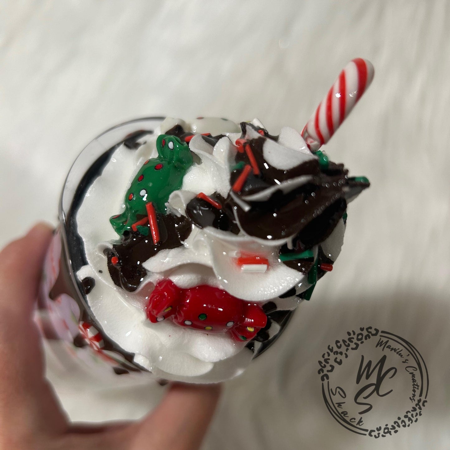 Whipped cream Christmas topper with candy cane and chocolate dripping removable topper and lid for different size tumblers. Faux topper.