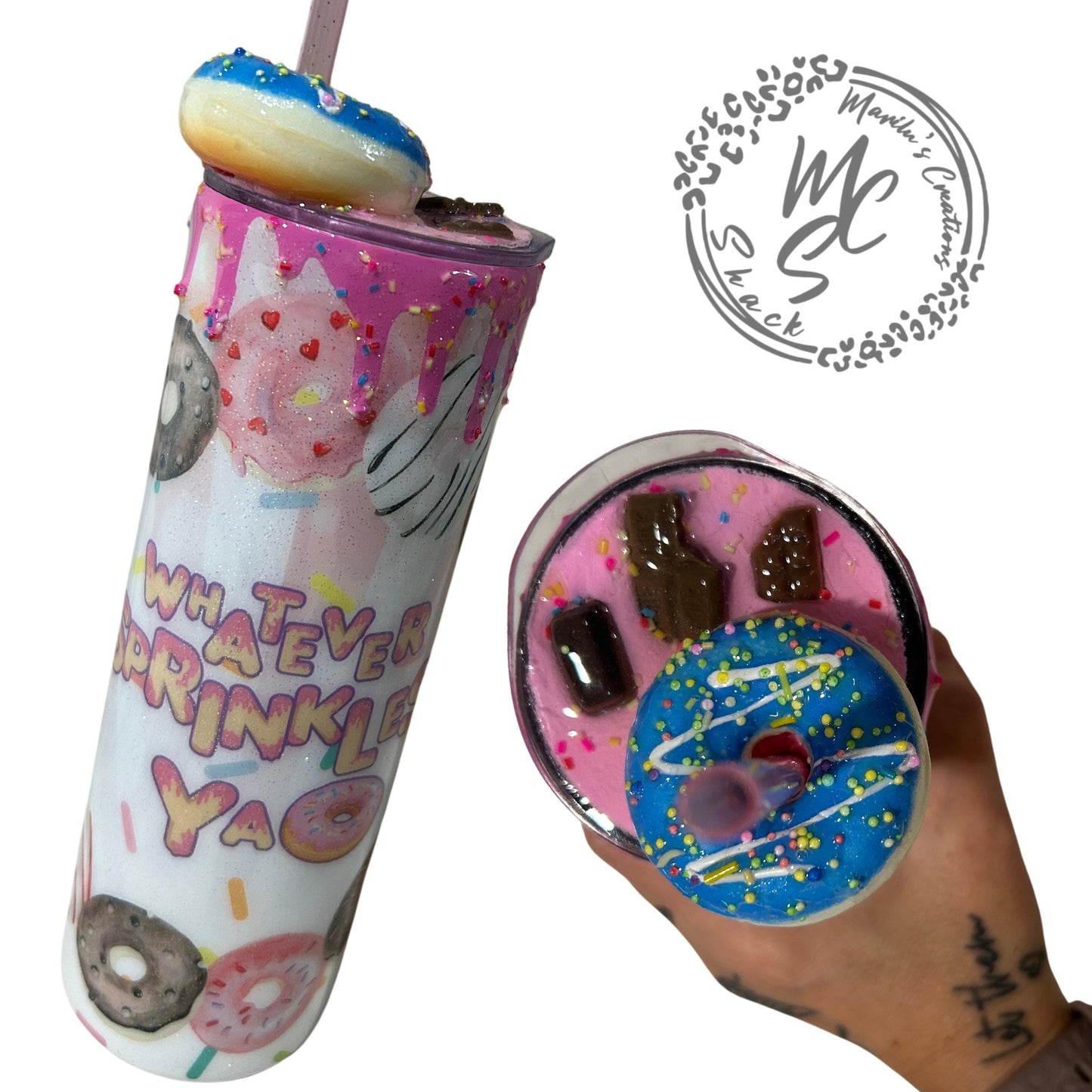 Donut Tumbler, 20oz Straight Skinny Whatever Sprinkles Ya Donut with 3d donut and chocolate pieces topper with a touch of glitter