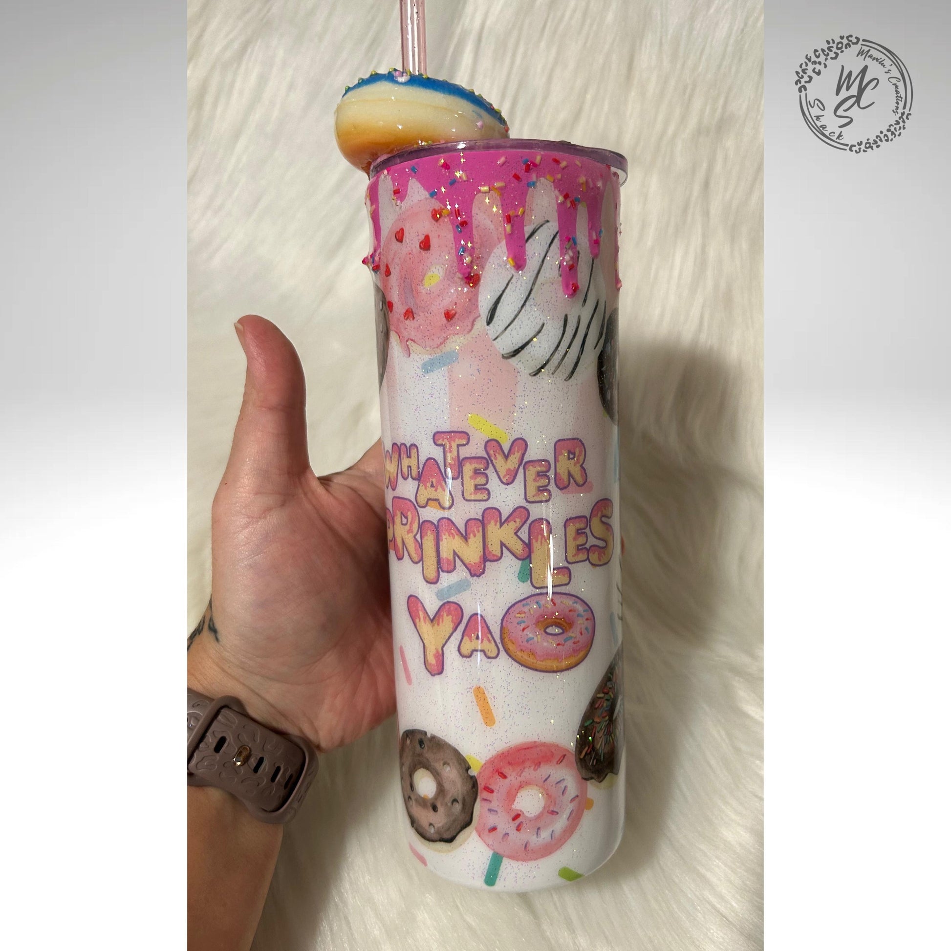 Donut Tumbler, 20oz Straight Skinny Whatever Sprinkles Ya Donut with 3d donut and chocolate pieces topper with a touch of glitter