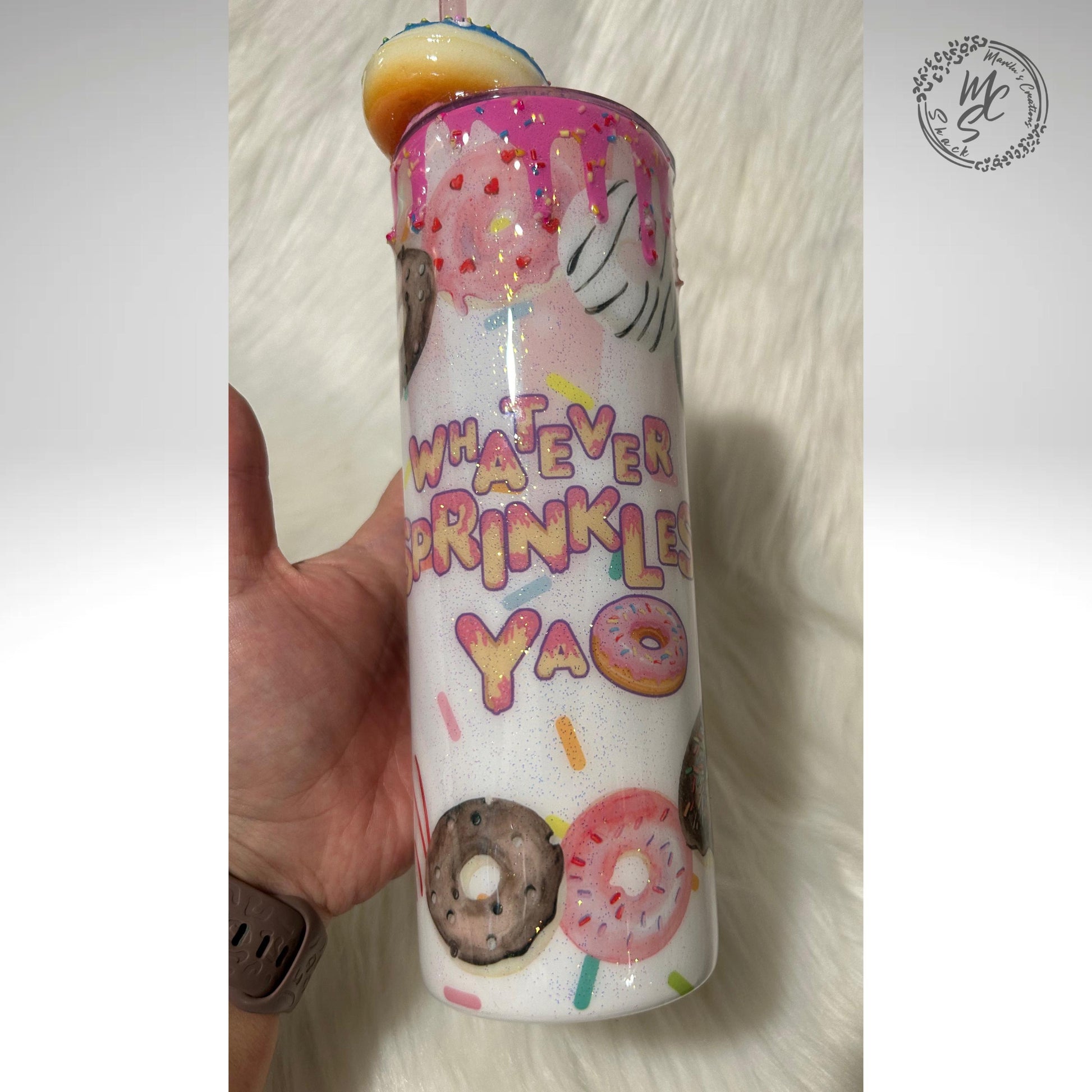 Donut Tumbler, 20oz Straight Skinny Whatever Sprinkles Ya Donut with 3d donut and chocolate pieces topper with a touch of glitter