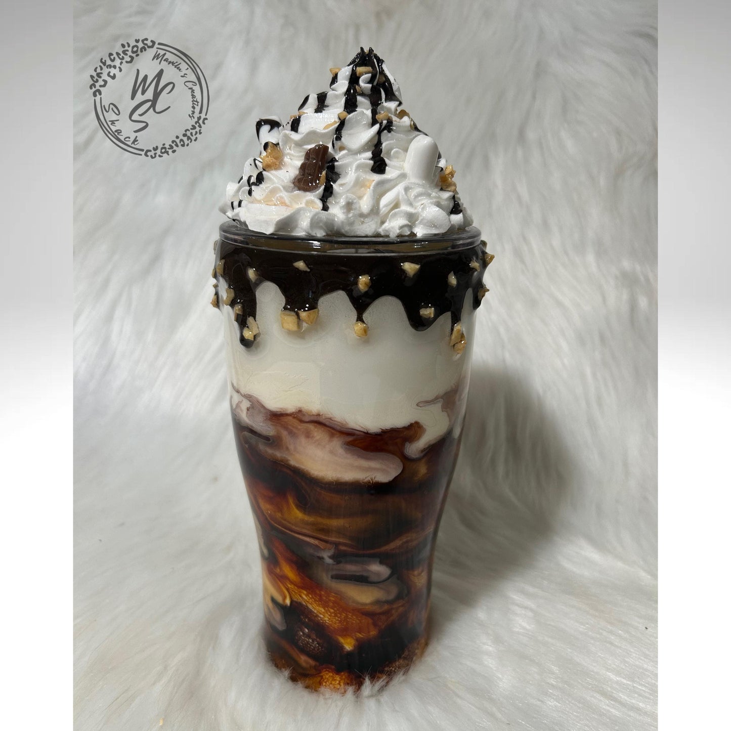 Coffee Swirl Espresso Macchiato style tumbler with chocolate dripping and crushed nuts, realistic whipped cream removable topper.