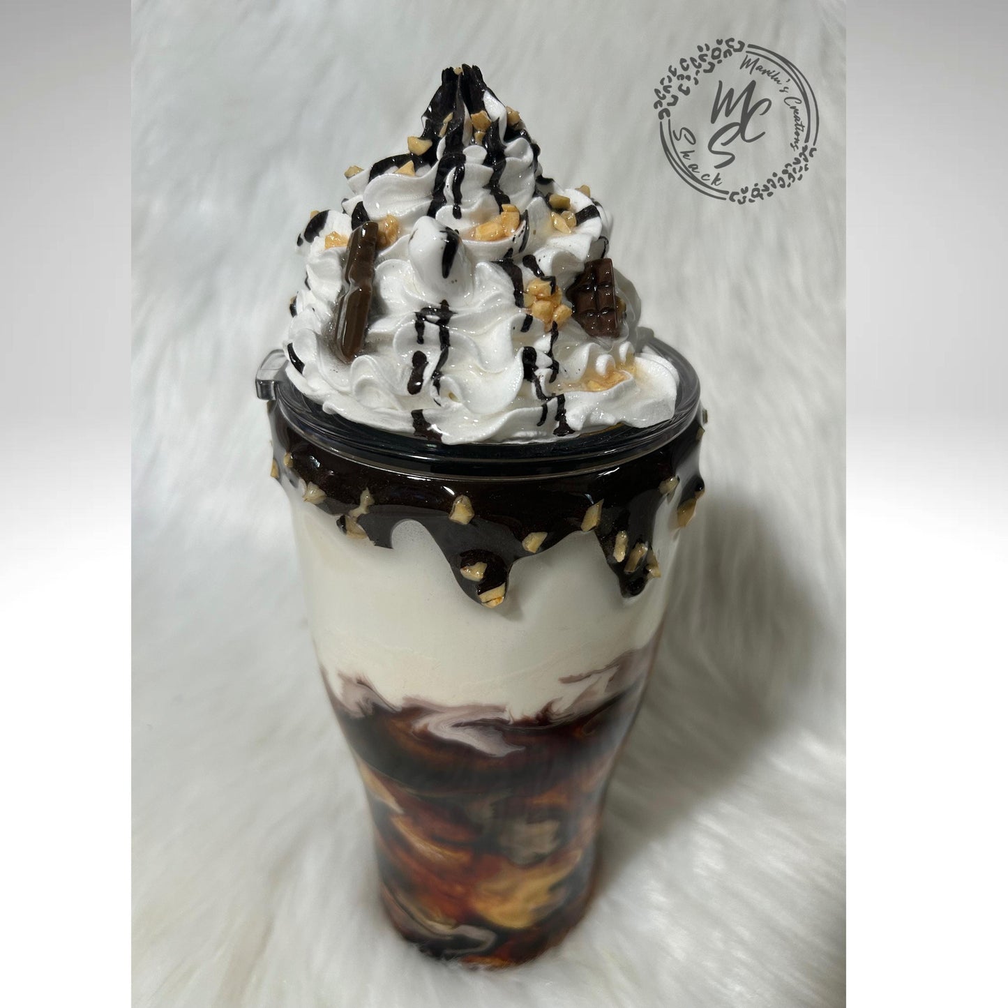 Coffee Swirl Espresso Macchiato style tumbler with chocolate dripping and crushed nuts, realistic whipped cream removable topper.