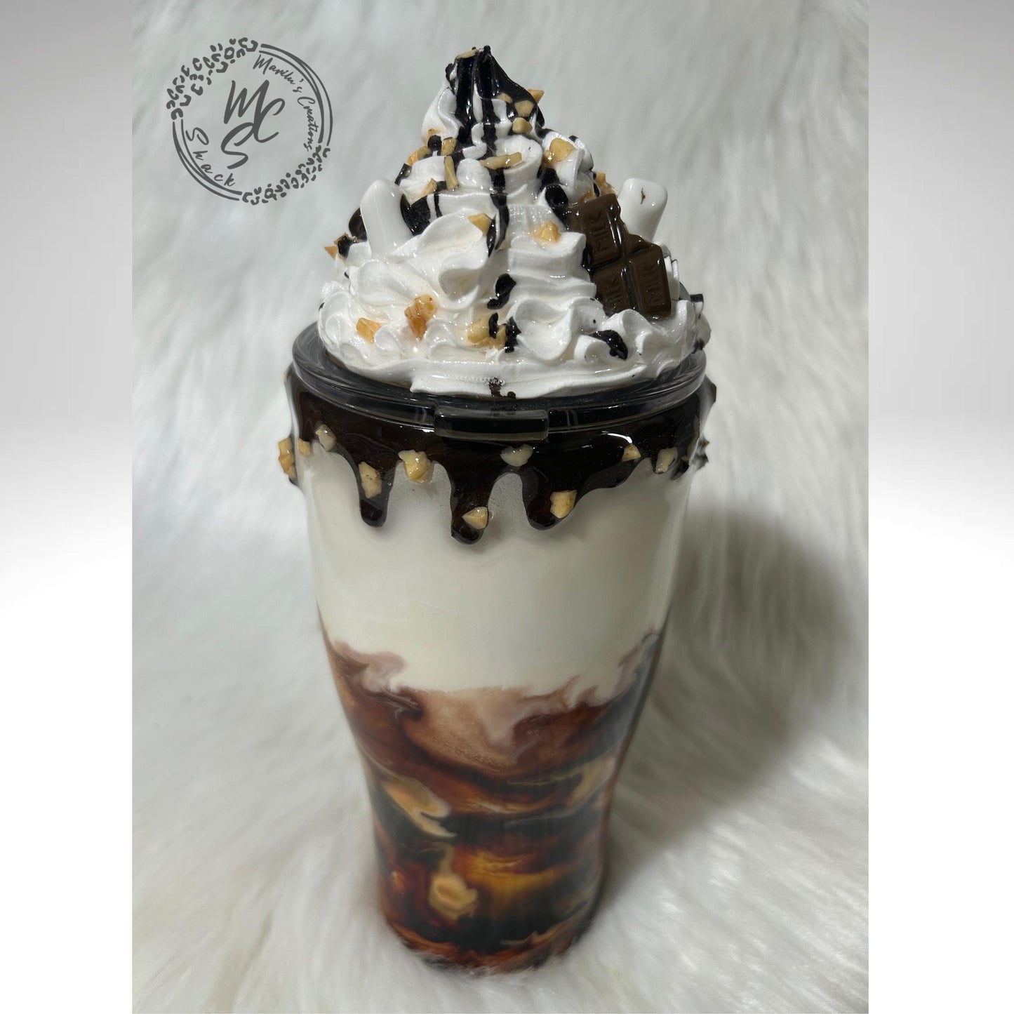 Coffee Swirl Espresso Macchiato style tumbler with chocolate dripping and crushed nuts, realistic whipped cream removable topper.