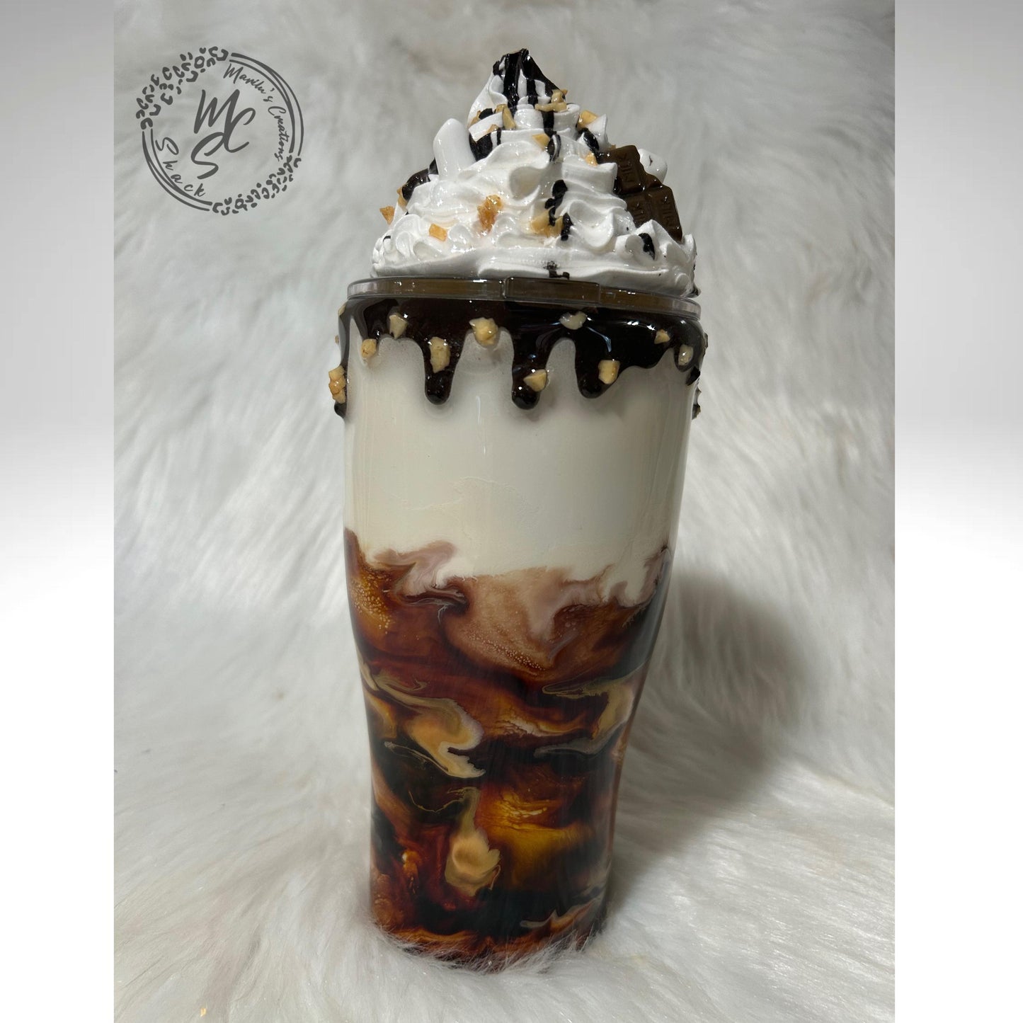 Coffee Swirl Espresso Macchiato style tumbler with chocolate dripping and crushed nuts, realistic whipped cream removable topper.