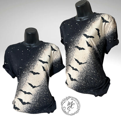 Black T-shirt bleach distressed bats top, Halloween or any occasion shirt. Gift for her.