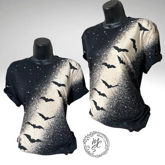 Black T-shirt bleach distressed bats top, Halloween or any occasion shirt. Gift for her.
