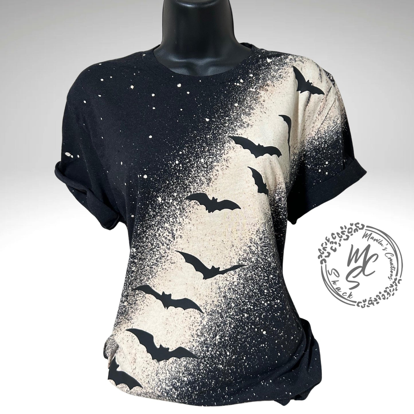 Black T-shirt bleach distressed bats top, Halloween or any occasion shirt. Gift for her.