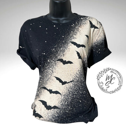 Black T-shirt bleach distressed bats top, Halloween or any occasion shirt. Gift for her.