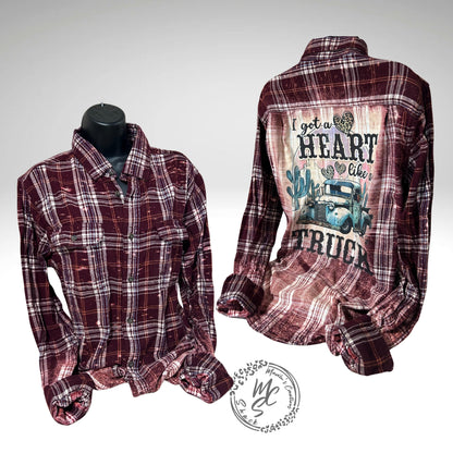 Flannel Heart like a truck bleached distressed, super soft real flannel, blue cove or brown plaid colors, concert or everyday wear flannel.