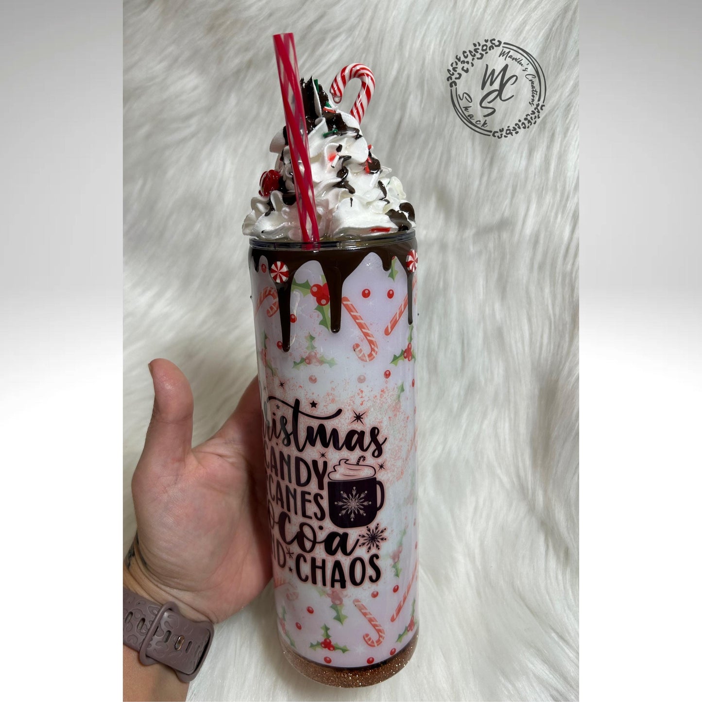 Christmas Tumbler, 20oz Straight Skinny with 3d whipped cream removable topper, Christmas, candy canes, cocoa and chaos with glitter tumbler