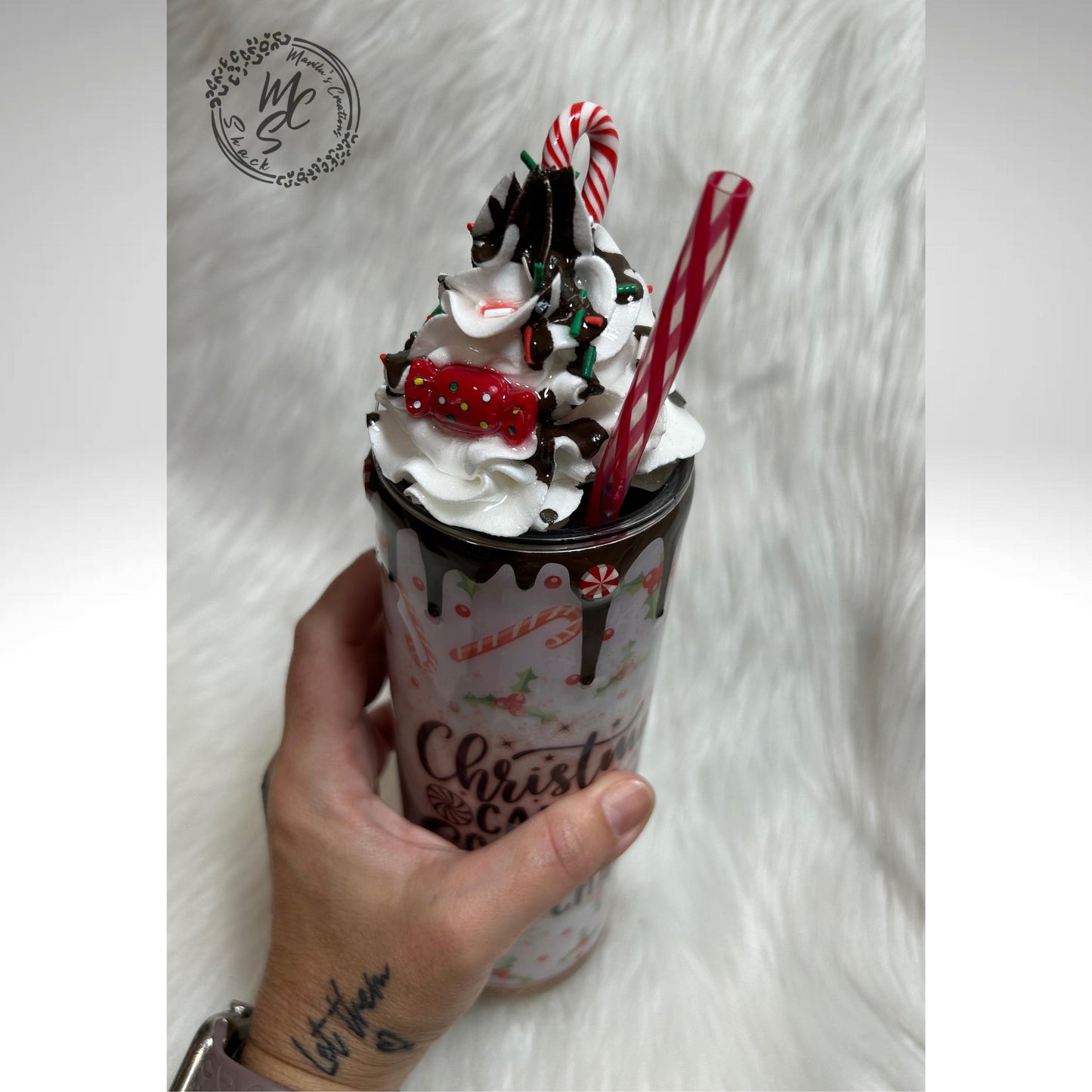 Christmas Tumbler, 20oz Straight Skinny with 3d whipped cream removable topper, Christmas, candy canes, cocoa and chaos with glitter tumbler