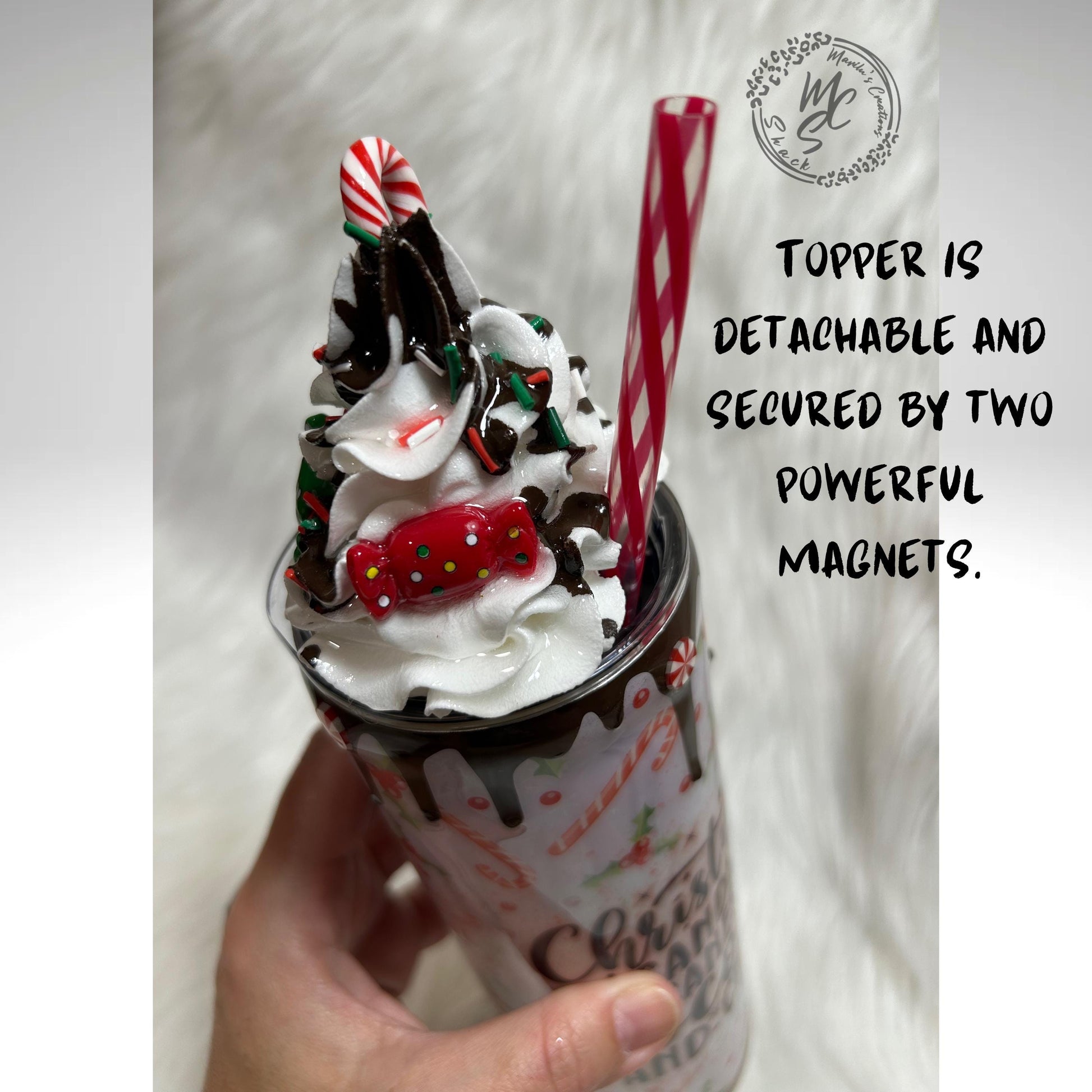 Christmas Tumbler, 20oz Straight Skinny with 3d whipped cream removable topper, Christmas, candy canes, cocoa and chaos with glitter tumbler