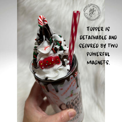 Christmas Tumbler, 20oz Straight Skinny with 3d whipped cream removable topper, Christmas, candy canes, cocoa and chaos with glitter tumbler